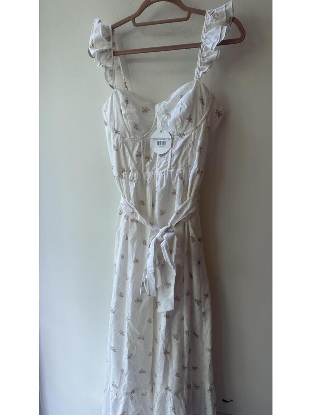 Storia White Floral Ruffle Strap Midi Dress Size S